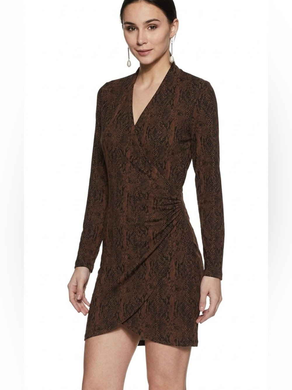 New Norma Kamali size S Brown Snake-Print Long Sleeve Wrap Dress